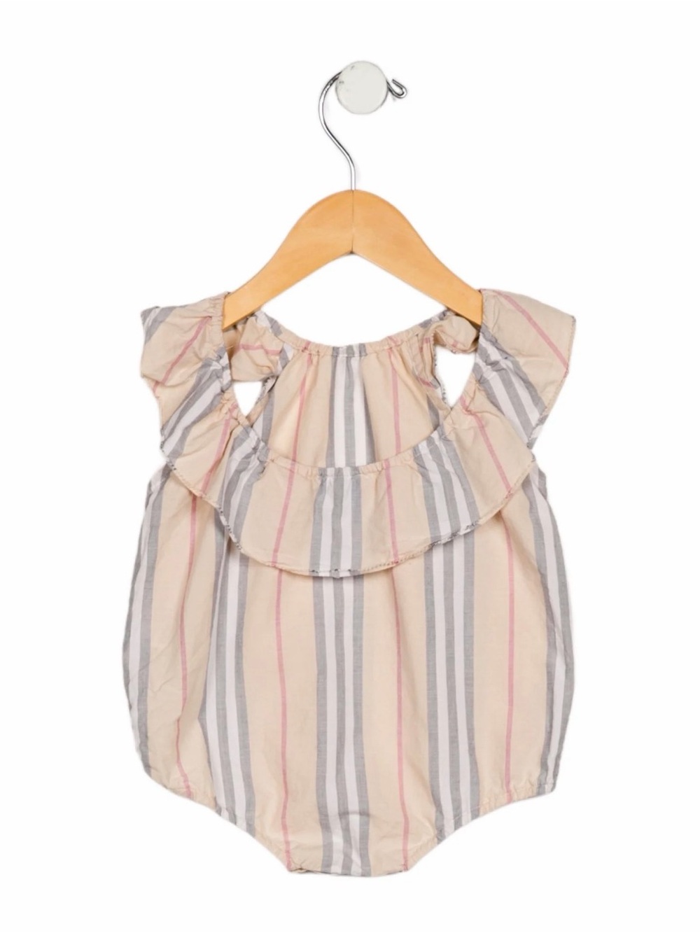 Burberry Striped Ruffle Baby Romper in Beige, Gray and Pink